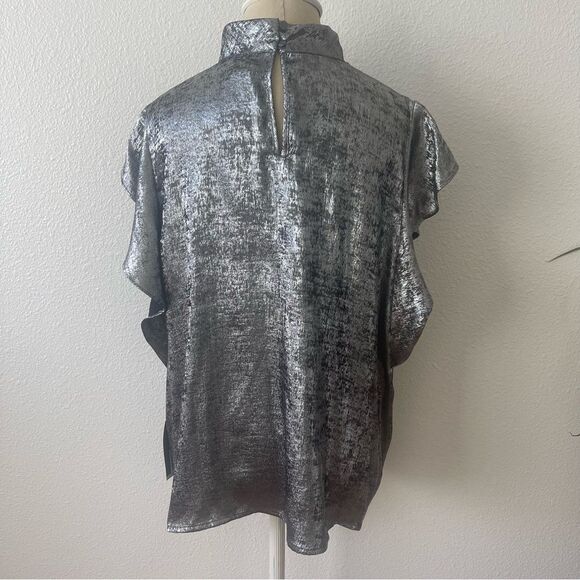 Worthington 0X Shimmering Silver Blouse Keyhole Neck Short Sleeve Satin - Picture 6 of 12